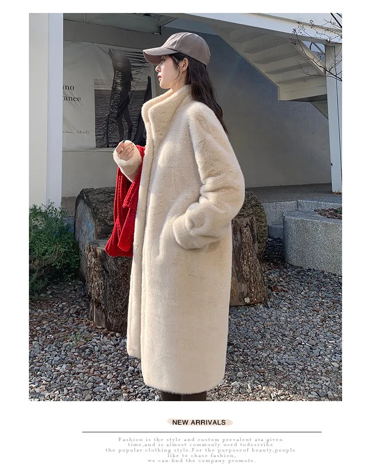 Women's Thick Faux Mink Fur Mid-length Coat Autumn Winter Fashion Stand Collar Plush Outerwear Women Elegant Warm Fluffy Jackets