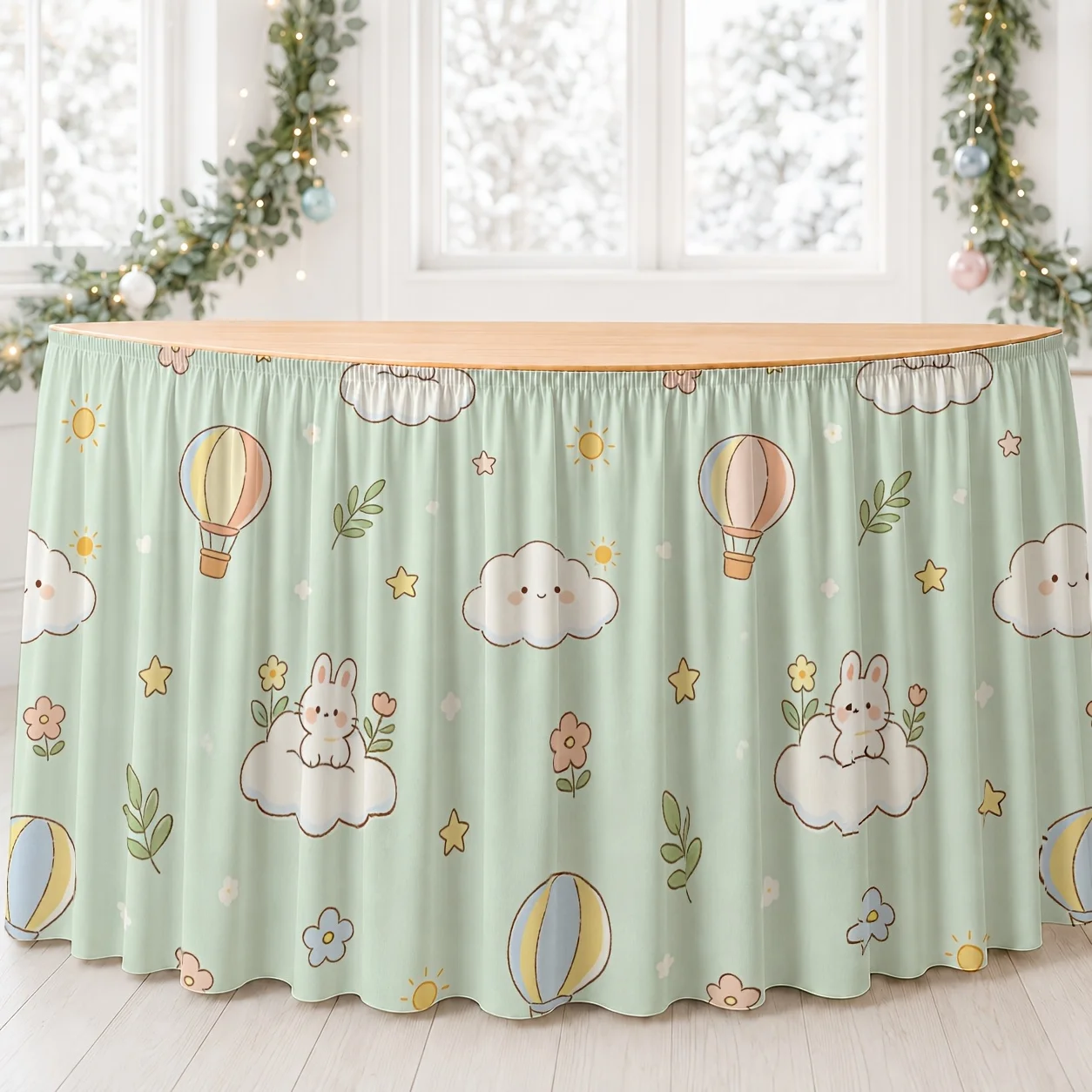 Party table skirt, featuring cloud-shaped hot air balloons, stars and floral patterns, suitable for Christmas