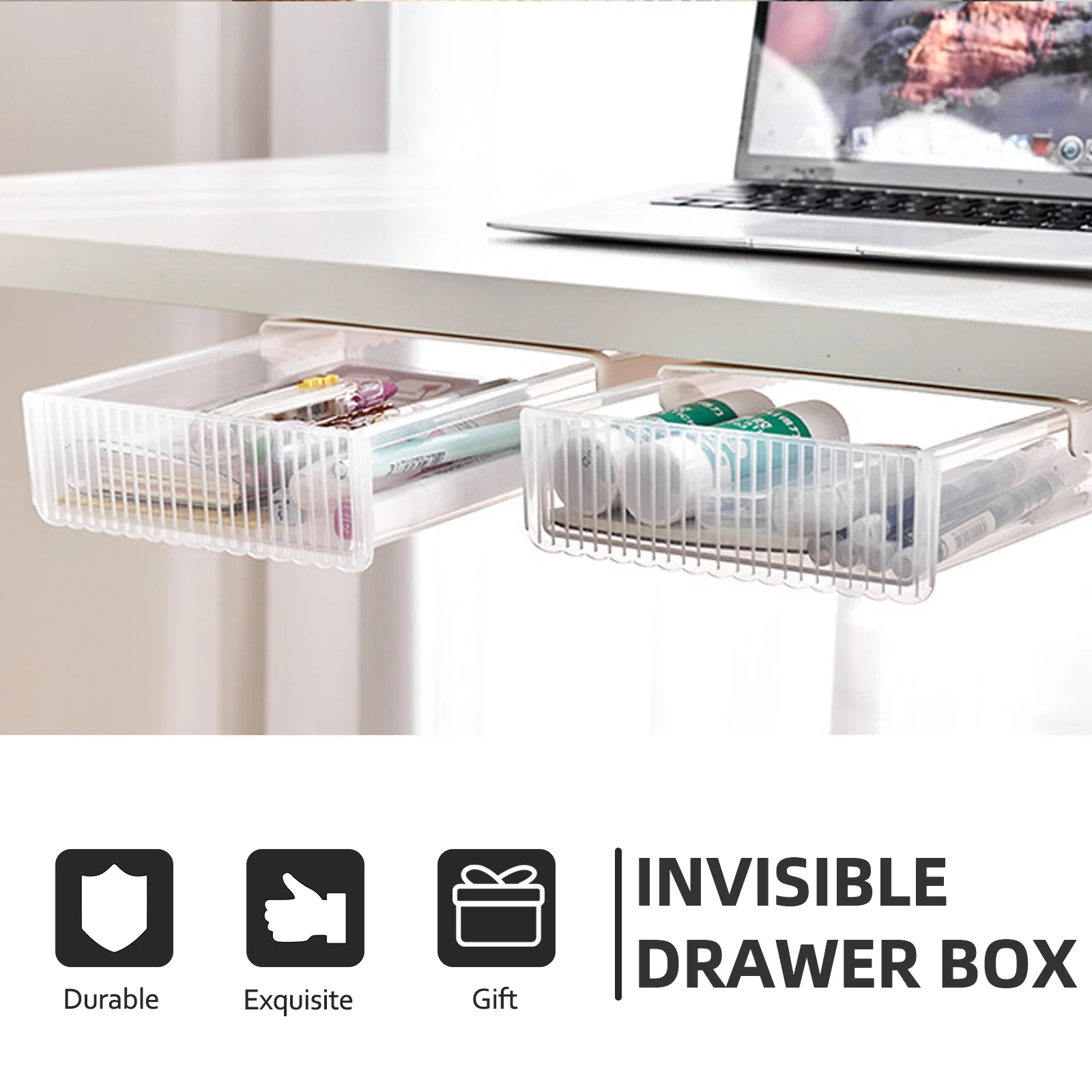 Adhesive Storage Box Under Desk Organizer with Drawer Style Design for Stationery Pens USB Cables Home Office School