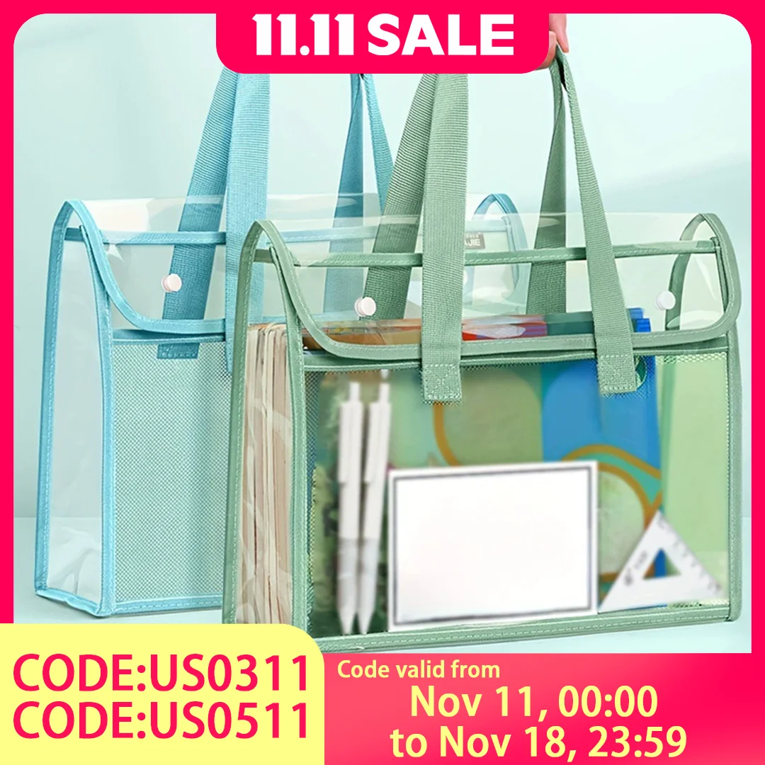 Bolsa de libros transparente de PVC: sellada impermeable, almacenamiento de doble capa, bolsa de archivo con asa, organizador de estudio, diseño a presión, resistente