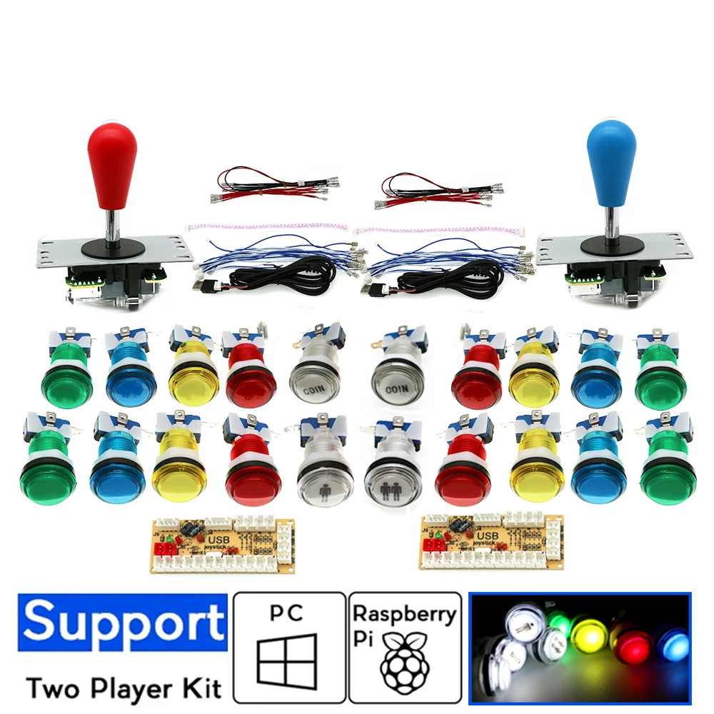 DIY PC Raspberry Pi Arcade Game Kit 2 Players With LED Push Button American Style Joystick USB Encoder Cables Mame Jamma Parts