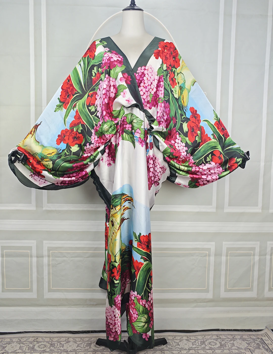 

Летняя мода в стиле бохо, женская пляжная одежда, кафтан с рукавами «летучая мышь», элегантное женское вечернее платье макси с цветочным принтом, африканское платье с v-образным вырезом Boubou