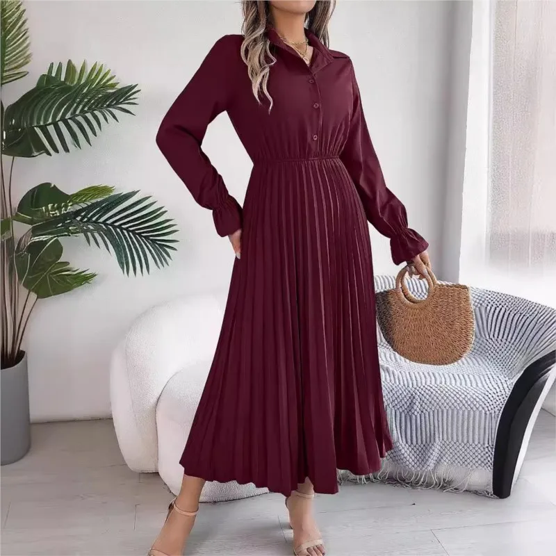 

Ladies Autumn And Winter Casual Lapel Button Long Sleeved Waist Cinched Pleated Long dress Women's Comfortable Solid Color Dress