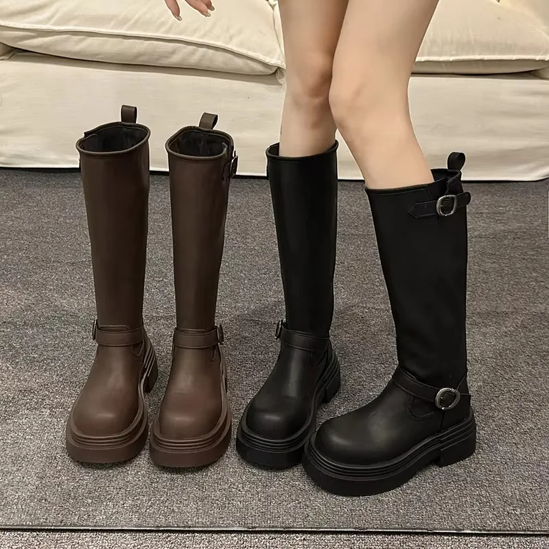 Winter Platform Slip On Women Knee High Boots Fashion Thick Heels Knight Long Booties Belt Buckle Ladies Shoes