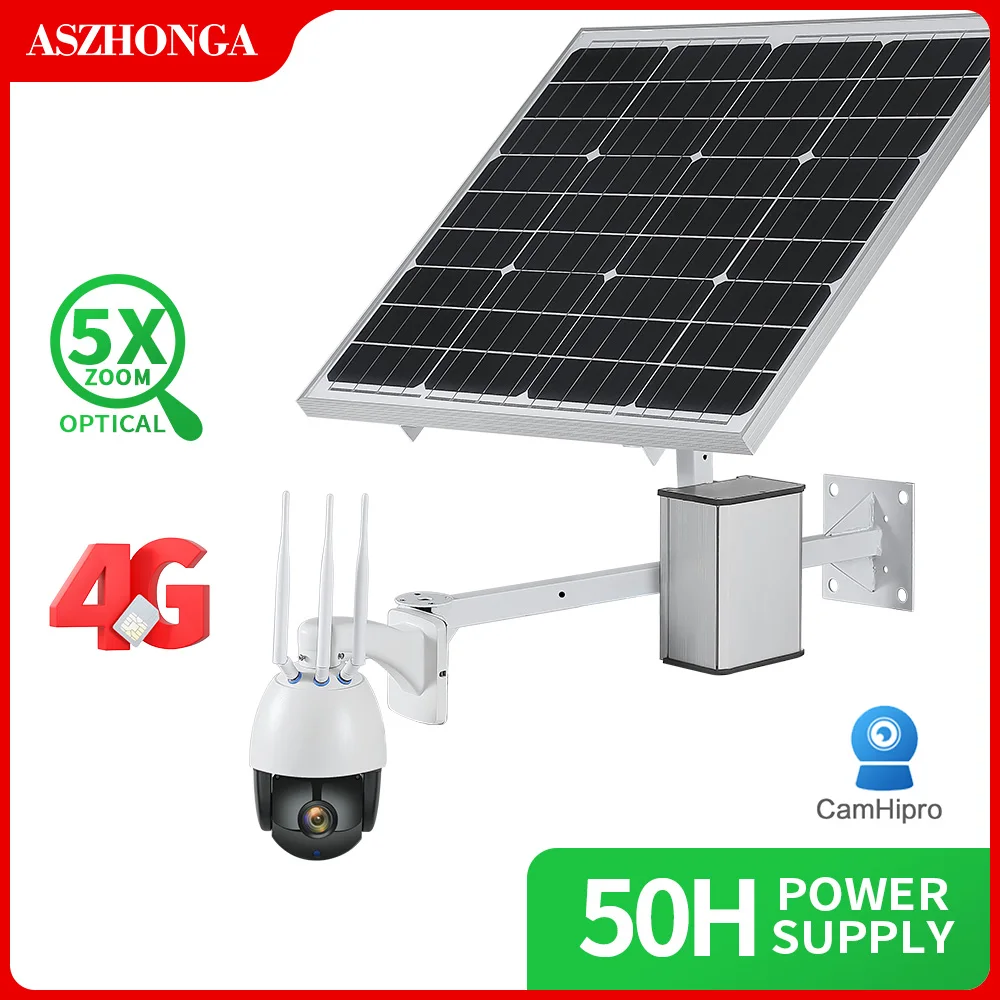 ASZHONGA 3G 4G Solar SIM Card IP Camera 1080P PTZ Security IP Camera HD Outdoor CCTV Cam 60W 30A 40A Solar Power Panel CamHi