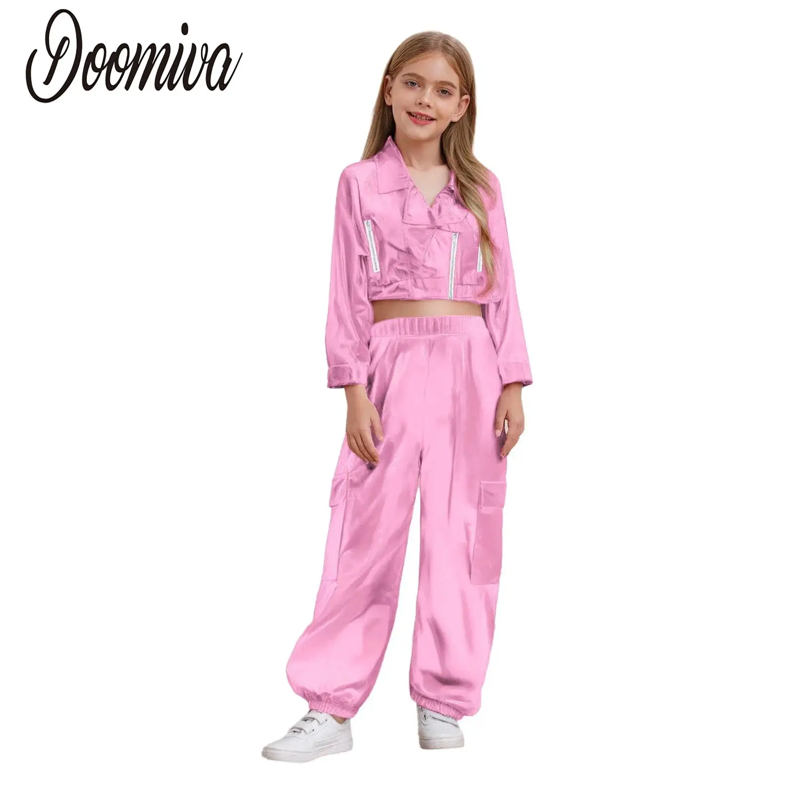 

Boys Girls Modern Street Dance Metallic Outfit Costume Long Sleeve Zipper Jacket Outwear with Shiny Pants for Hip-Hop Jazz Dance