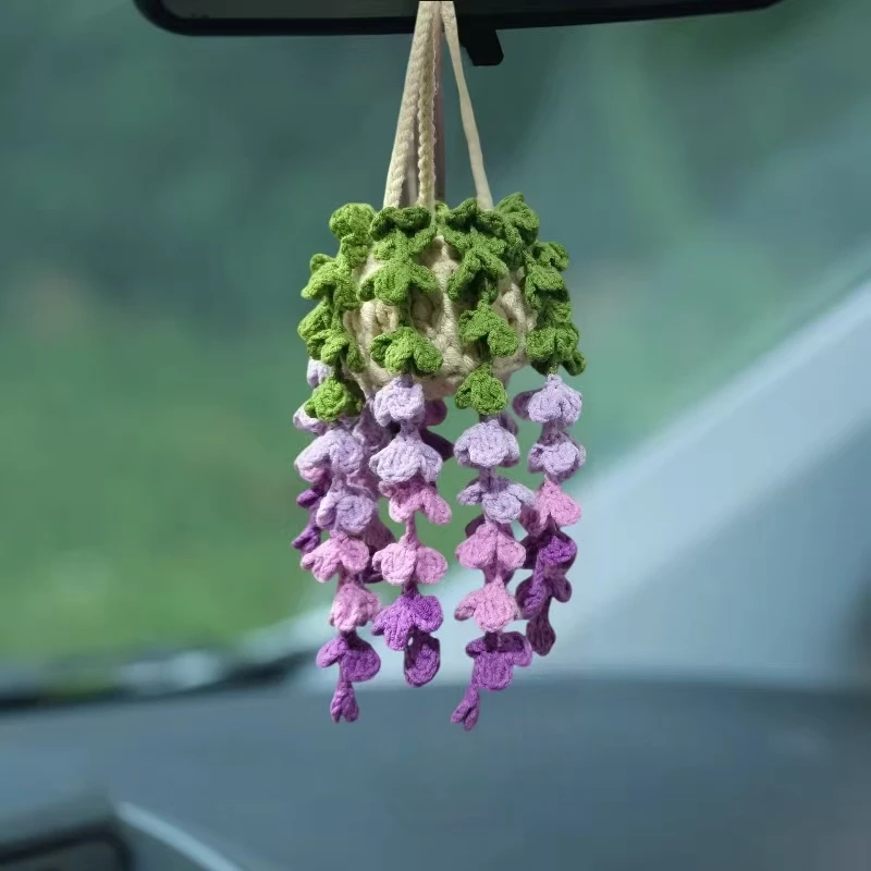 Handwoven Strawberry Flower Car Mirror Pendant - Boho Botanical Decor,Cute Hanging Ornament for Rearview Mirror