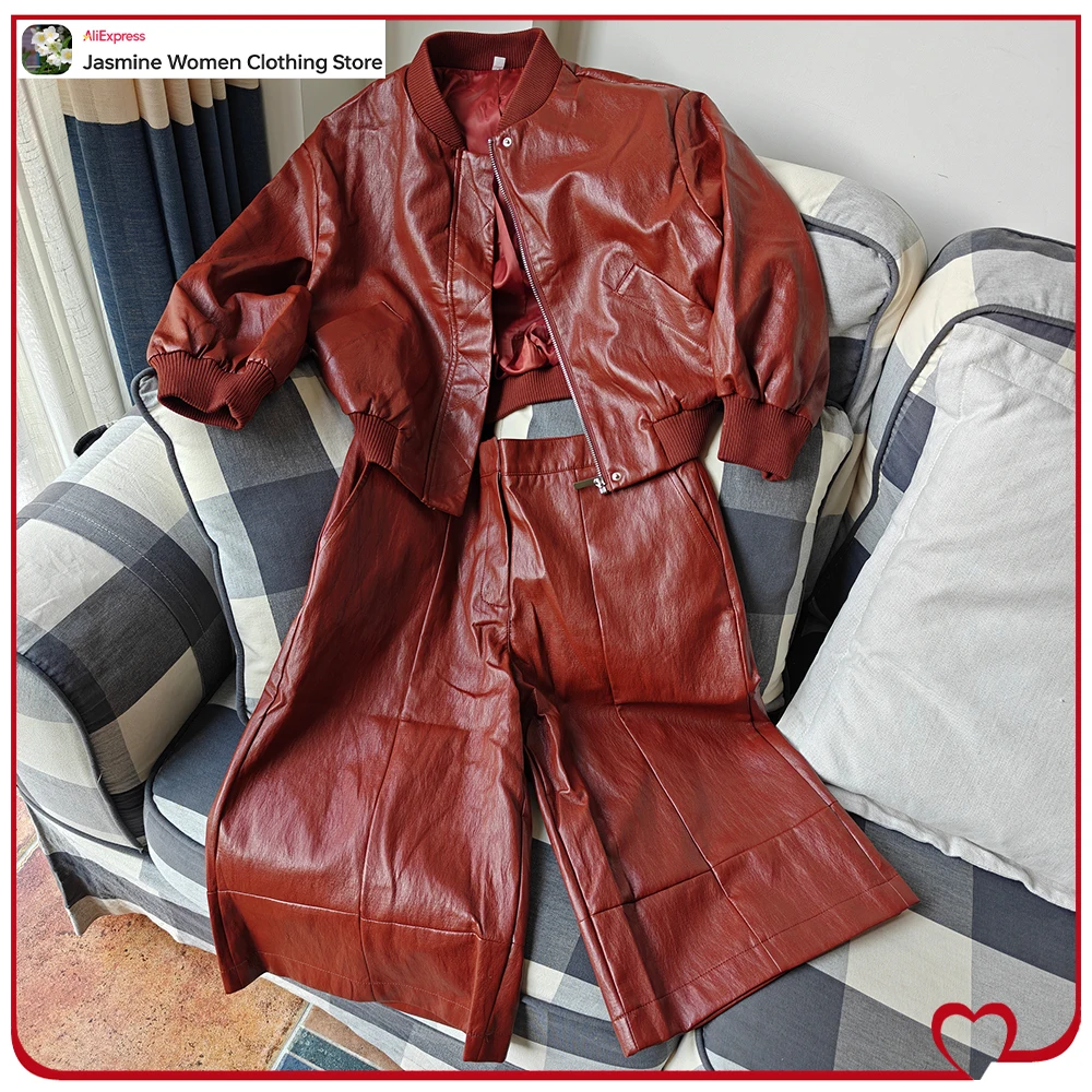 Stylish Women's Brick Faux Leather Short Sets Faux Leather Bomber Jacket with Sleeves Below The Elbow Matching Tonal Long Shorts - Image 2