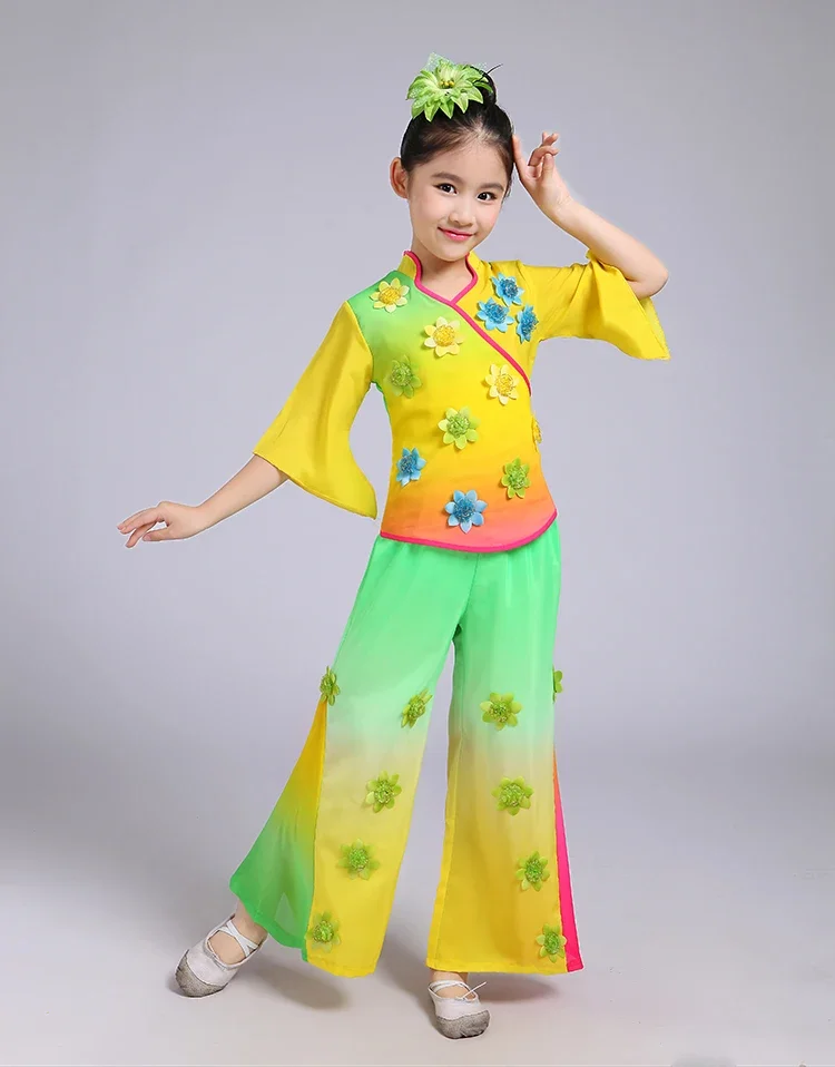 Trajes de dança Yangko para crianças, Fan Dance clássico para meninas, Traje de dança nacional amarelo, Novo