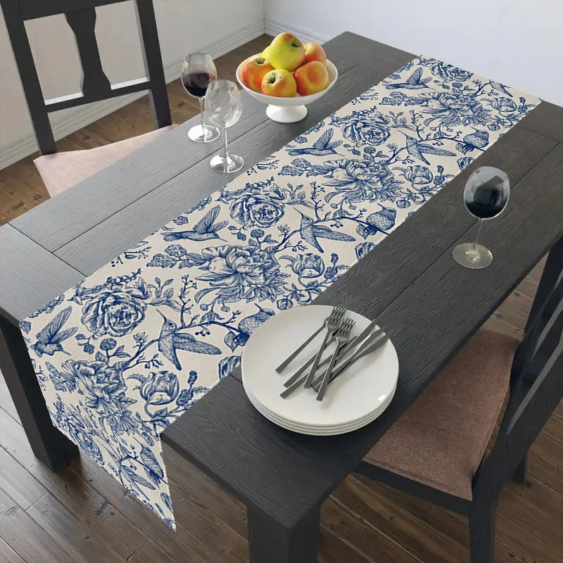 Monochrome Vogel & Blume Tisch läufer saisonale Dekor Leinen Stoff Rechteck Design Küche Esstisch Home Party Dekoration