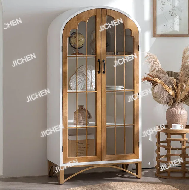 

American solid wood two-door bookcase floor-to-ceiling arched glass door household living room wine cabinet wall-to-wall vertica