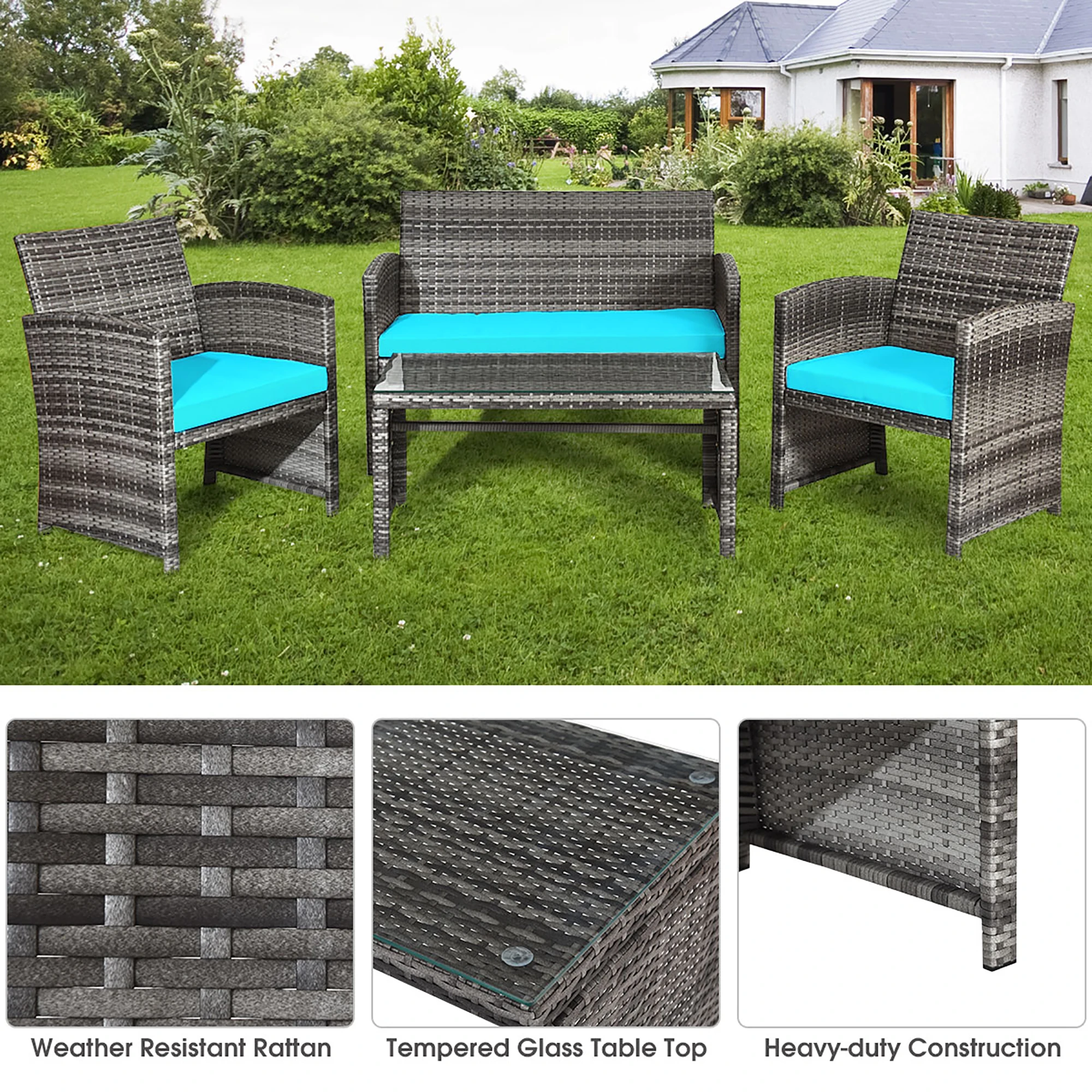 4PCS Patio Rattan Furniture Set Conversation Glass Table Top Cushioned Turquoise