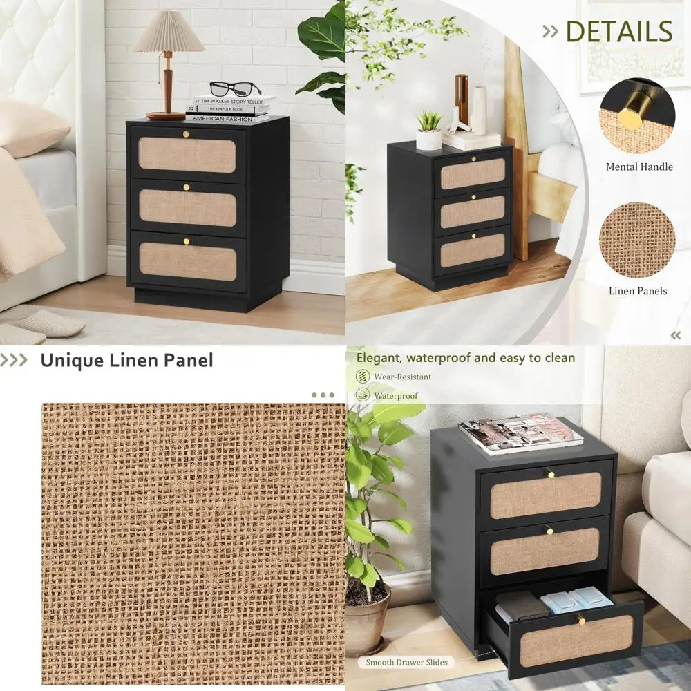 

mid-century 3-drawer nightstand, farmhouse style storage end table, curved linen panel modern bedside tables