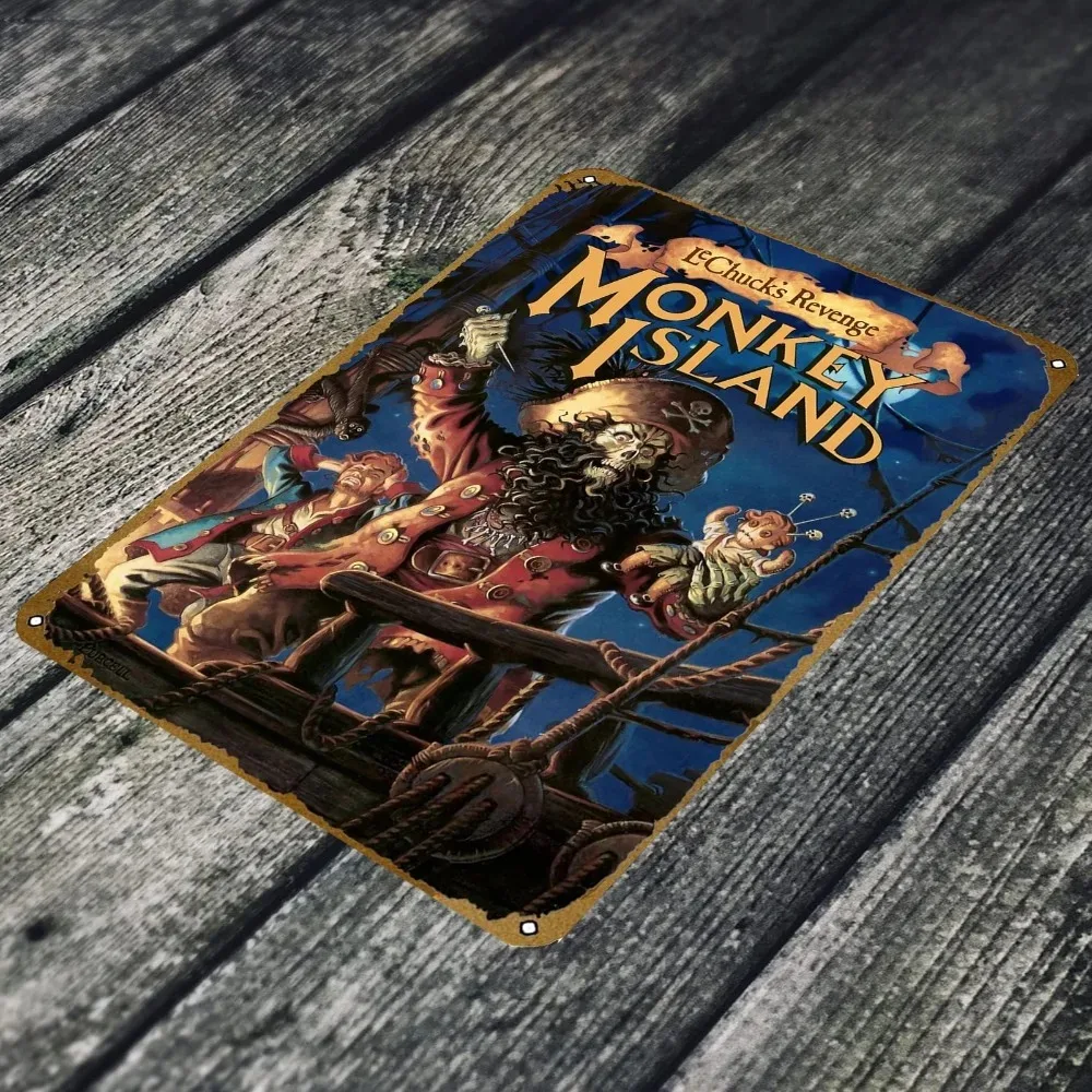 

Monkey Island Pirate Legacy Metal Sign – 8x12 Inch Distressed Tin Art with Guybrush Sword Silhouette & Parrot Motif