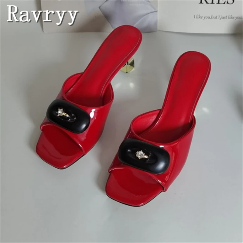 Women's Red Patent Leather Mule Heels Square Open Toe Rhinestone Decor Unique Diamond Shape Heels Slippers for Party
