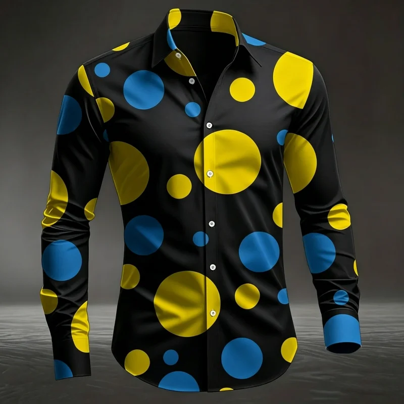 Men's Polka Dot Print Long Sleeve Shirt Casual Turn-down Collar Button Down Blouse