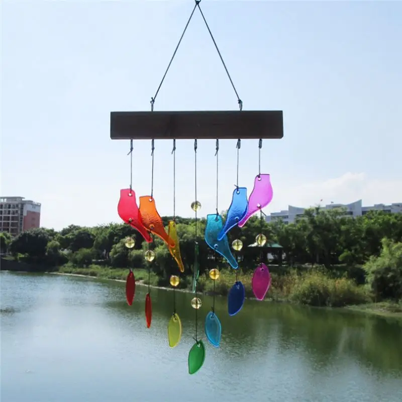 AB11 Handmade Crystal Glass & Driftwood Wind Chimes, Sandblasted Glass Bird Leaf Pendant, Courtyard Garden Decor, Easy Install