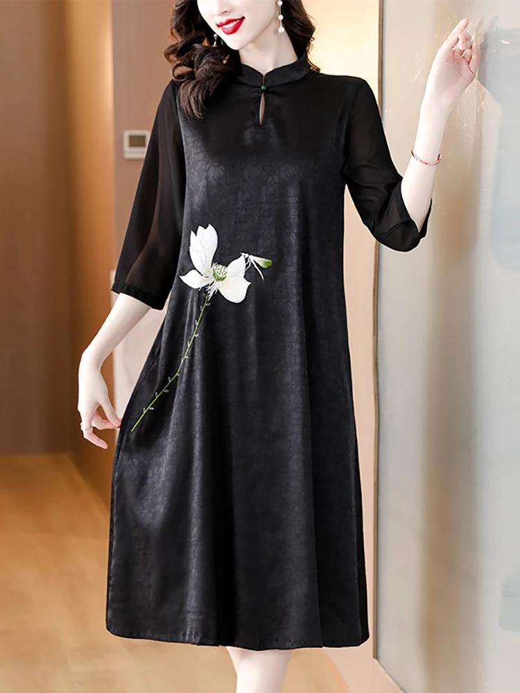

Summer Black Jacquard Embroidery Floral Silk Midi Dress Women Fashion Elegant Satin Casual Dress 2024 Korean Vintage Party Dress