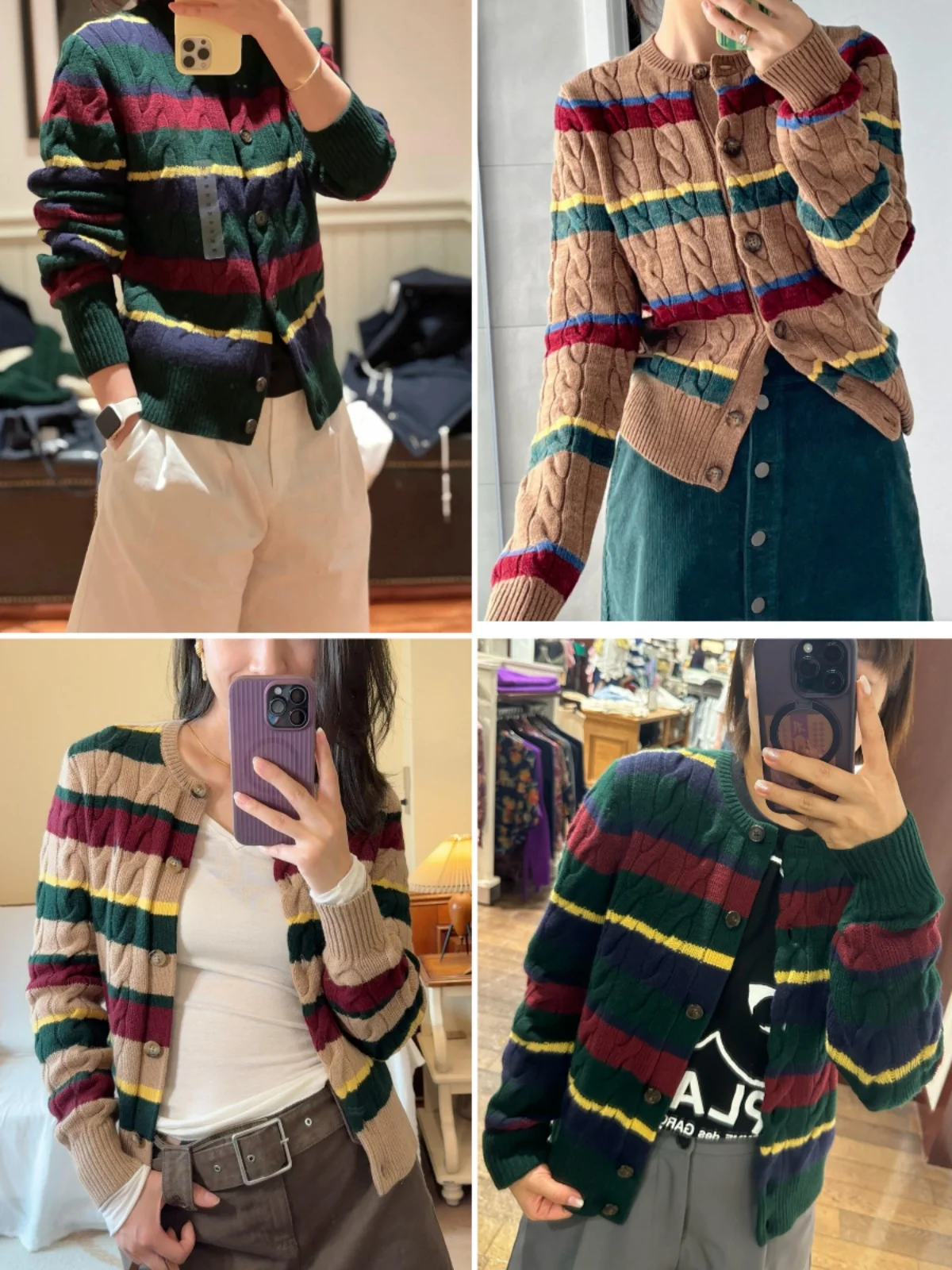 

MoreLess Autumn Winter Knitted Woolen Cardigan Sweater Embroidered Pattern Twisted Color Stripe Open Front Outerwear