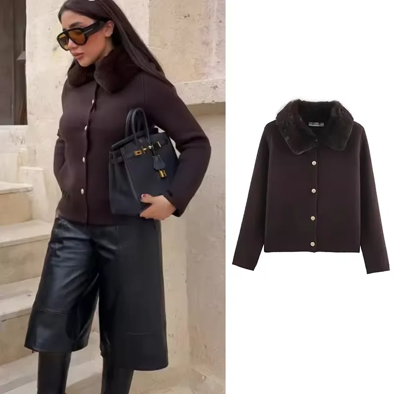 سترة نسائية للخريف والشتاء مع ياقة من الفرو الصناعي وزر جيب غير رسمي معطف نسائي أنيق سترة علوية أنيقة