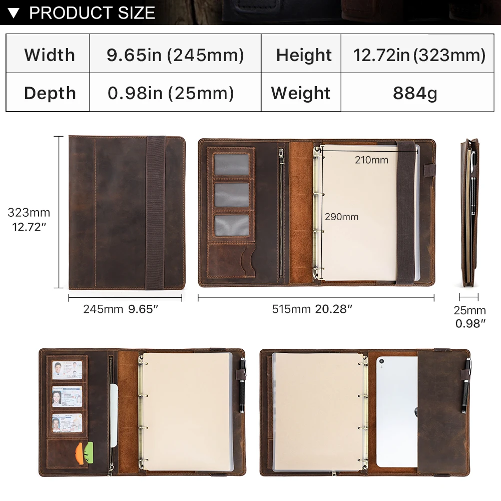 Luxury Retro Business A4 Notebook Leather Cover Portfolio with 4 Ring Binder Paper Ipad Pro 11 Holder Pen Card Slots Travel Case