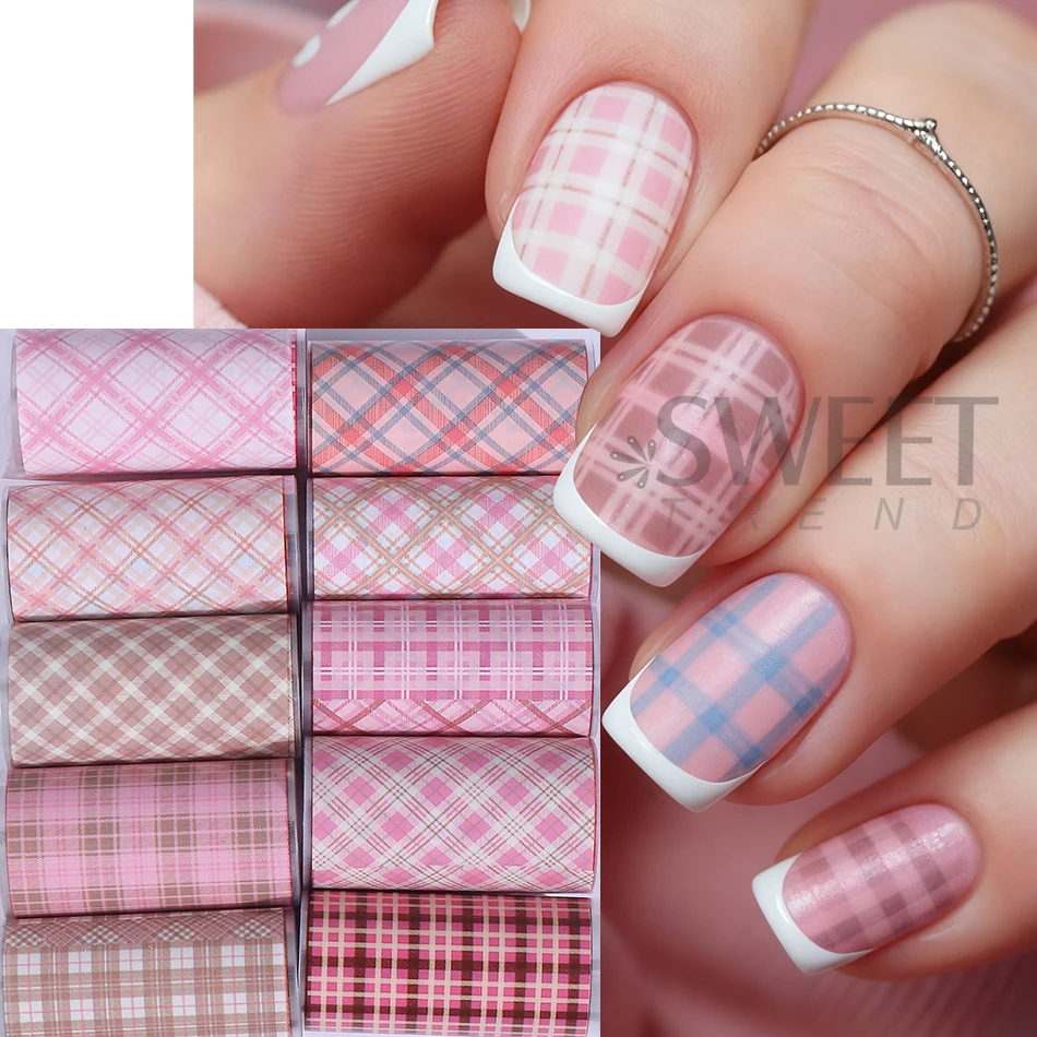1Box Pink Checkered Pattern Nail Transfer Foils Sticker Design Nail Slider Transfer Adhesive Gel Polish DIY Manicure Decoration
