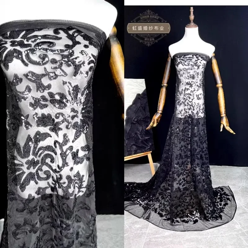 European Style Sequin Embroidered Fabric for Elegant Dress Sparkling Apparel Cloth Diy Sewing Material By The Meter