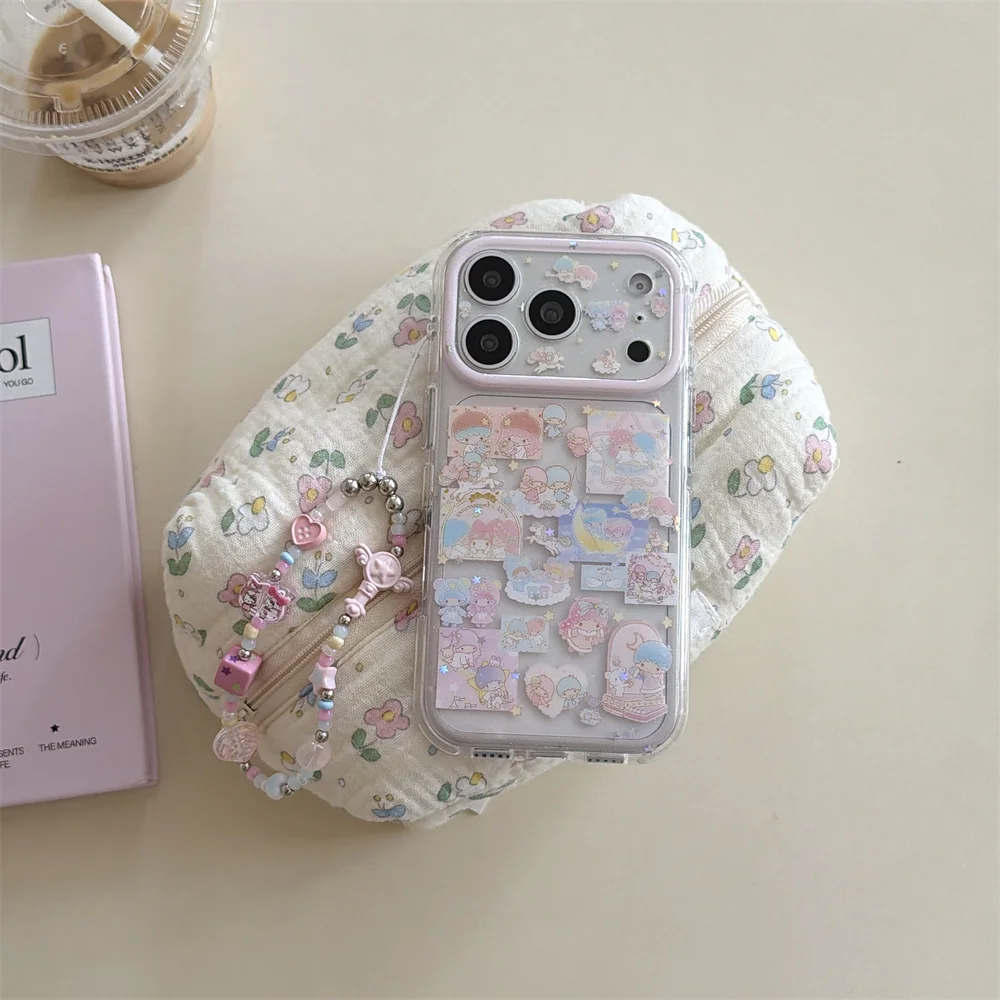 

Korean Cute Gemini Glitter Phone Case for iPhone 17 Pro 16 Pro 15 Pro Max 16 Max Fundas Cartoon Protection Cases With Chain Cove