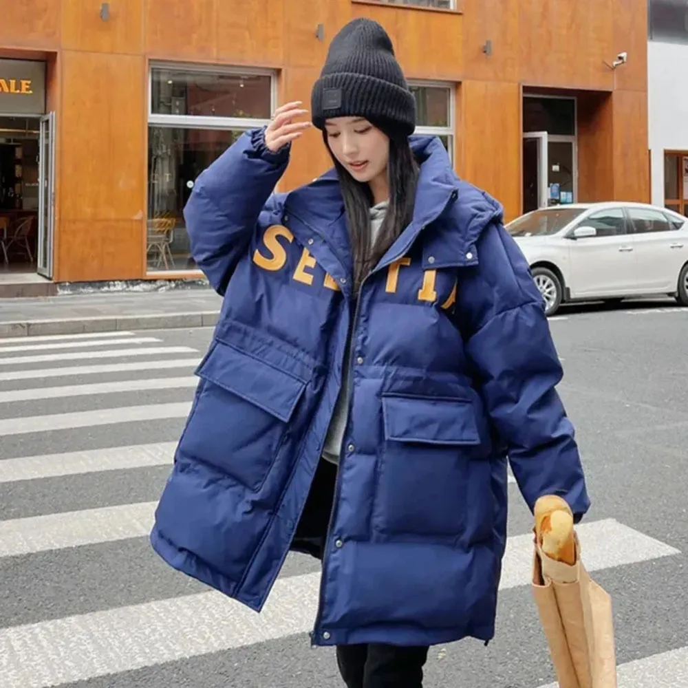 Hooded Down Cotton Jacket Women's Mid-Long Puffer Coat 2024 Korean Style Student Big Pocket Zipper Parkas Female Casual Outwears