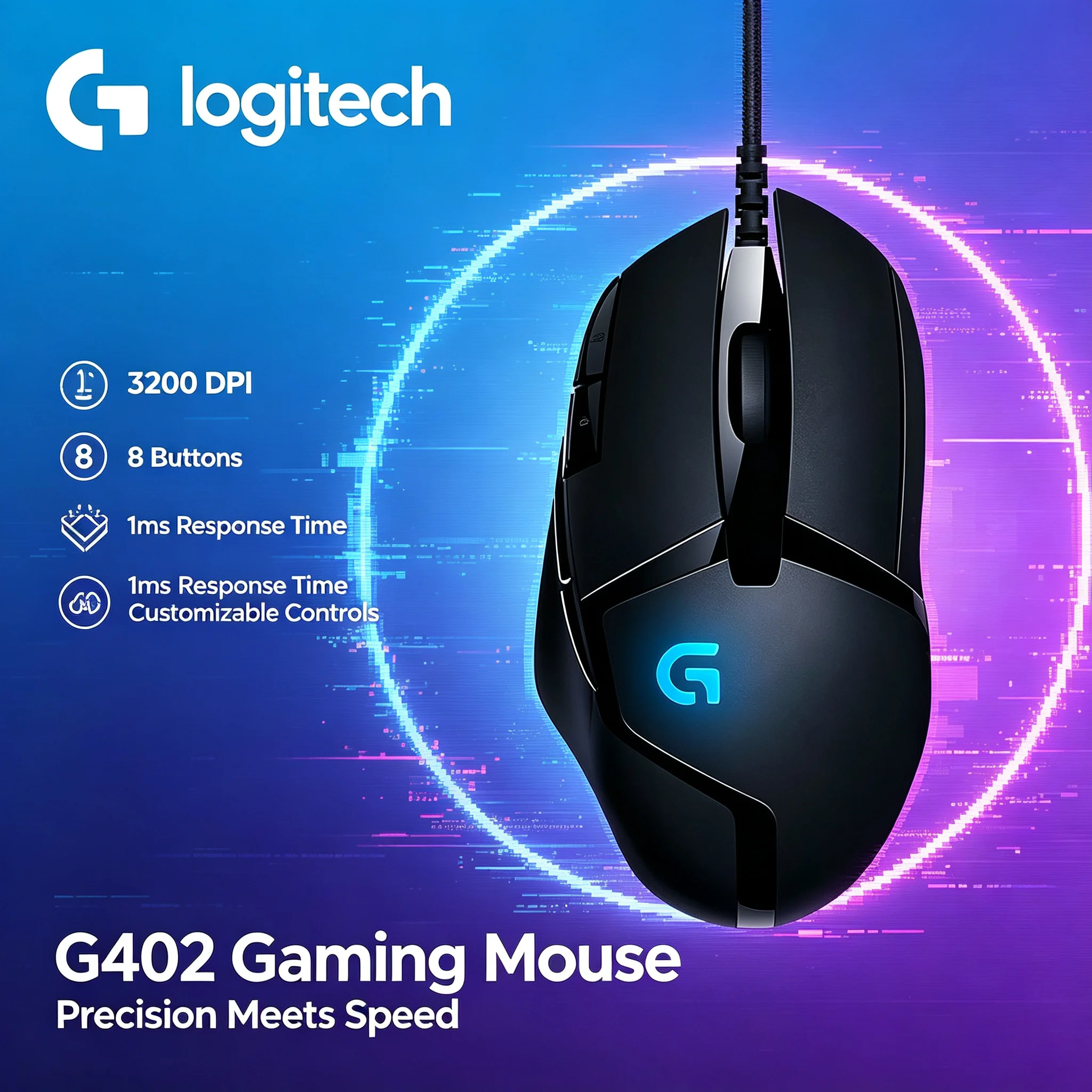 Logitech G402 Hyperion Fury Wired Mice 3200 Max DPI RGB Lighting 8 Programmable Buttons For CS 2 Valorant LOL Gaming Player Mous