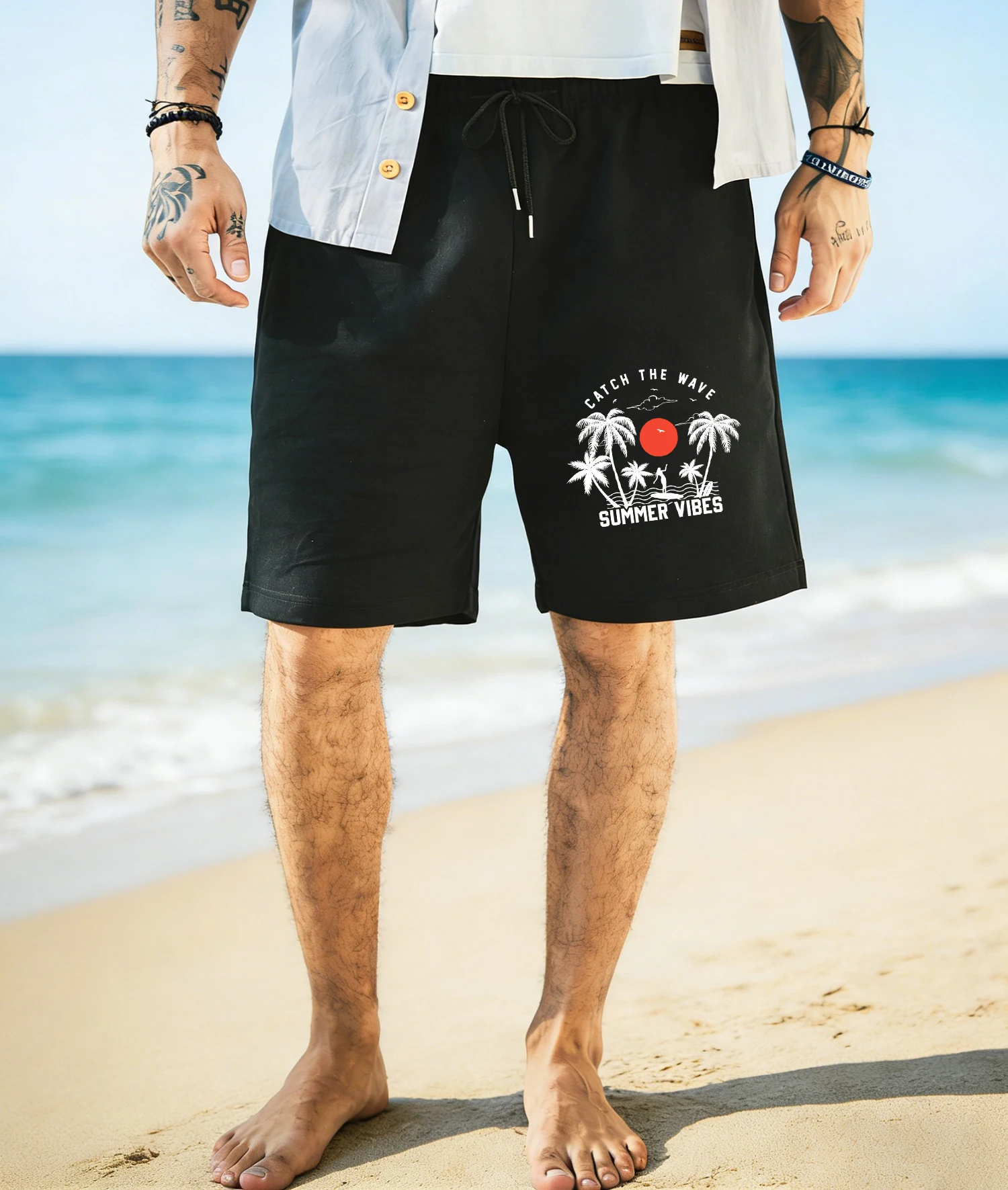 

Мужские брюки в стиле ретро с дизайном «Catch The Wave Summer Vibes», модные спортивные брюки на шнурке, базовые широкие брюки, свободные черные шорты унисекс