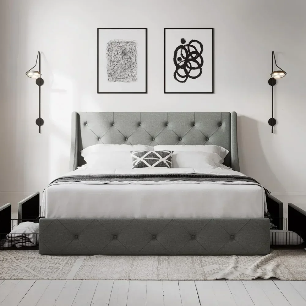 Button-tufted Design Queen Bed Frame With 4 Storage Drawers and Wingback Headboard No Box Spring Required Bedroom Furniture Base