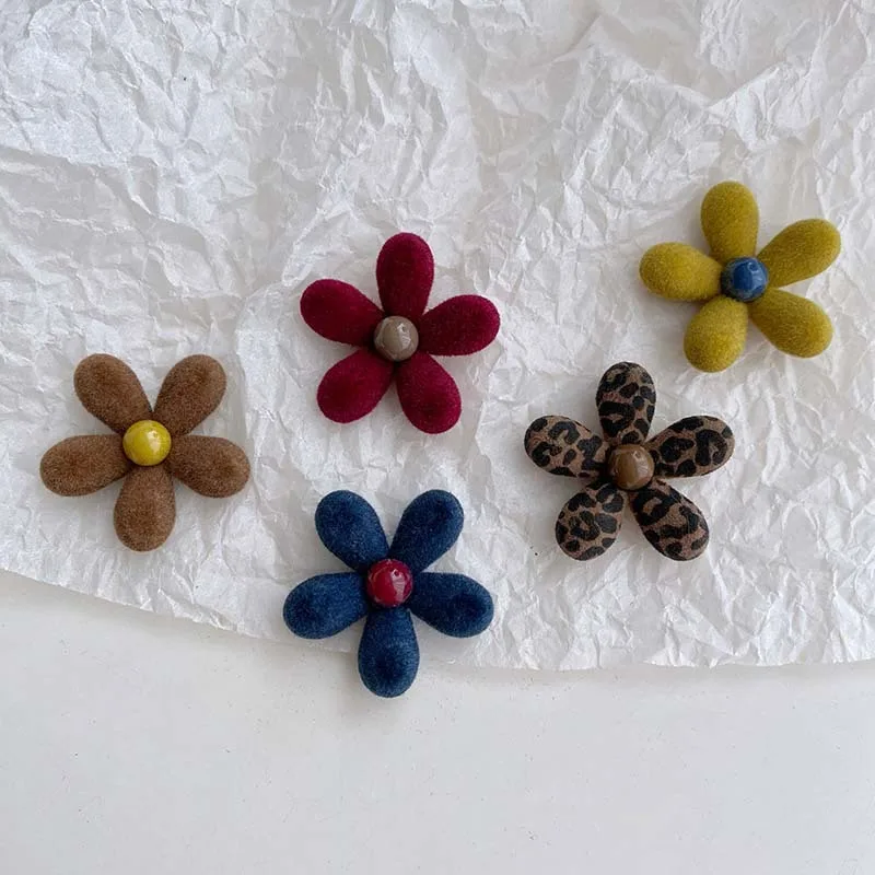 4Pcs New Flocked Five Petal Flower Hair Clips Brooches Earrings DIY Accessories and Materials