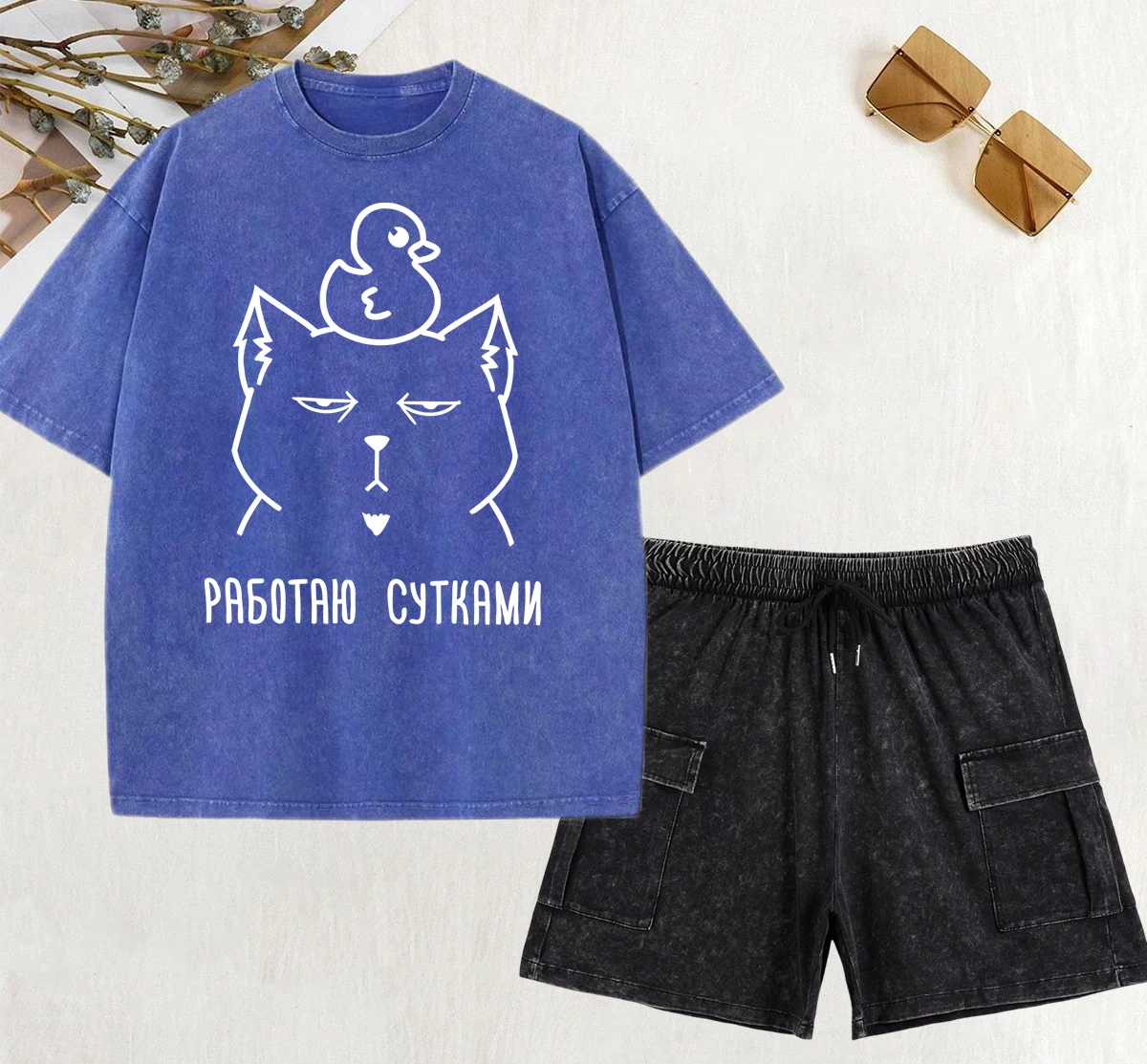 

Russian Script Бесите Printing Washed Sport Pants Women Cotton Casual Shorts Set Loose Summer T-Shirt Street Hip Hop T Shirts