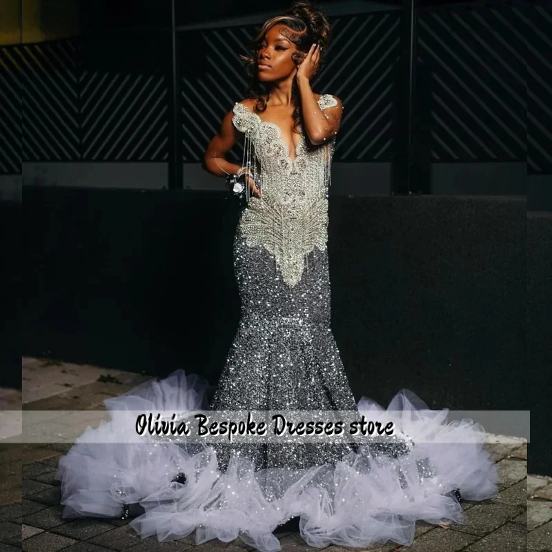 Customized Silver Mermaid Prom Dress For Black Girls Ruffles Rhinestone Tassel Beaded Party Gowns Vestidos De Gala