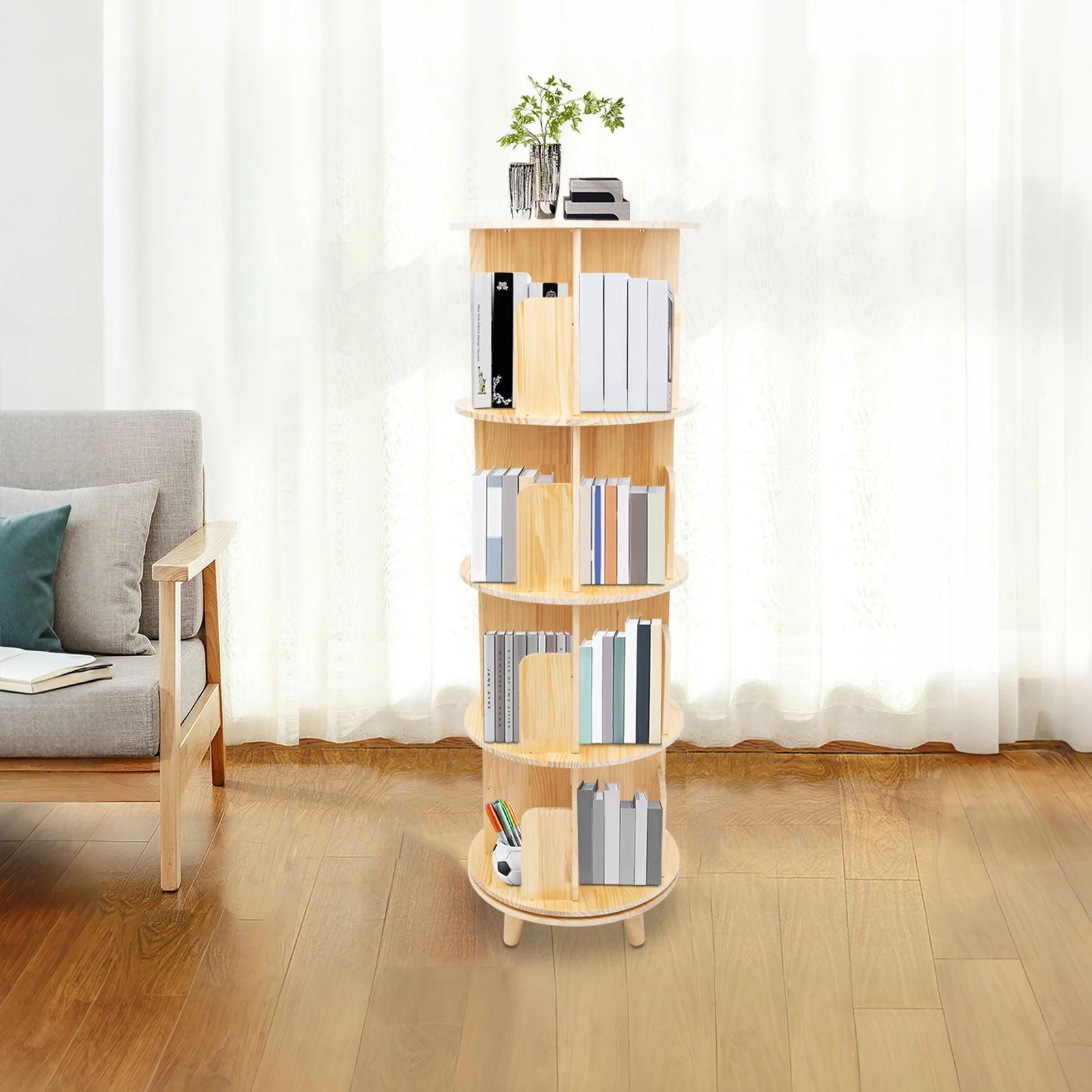 

Rotating Bookshelf 4 Tier Pine Wood 360° Rotating Bookshelf Storage Organizer for Living Room Study Kids Room Bedroom Furniture