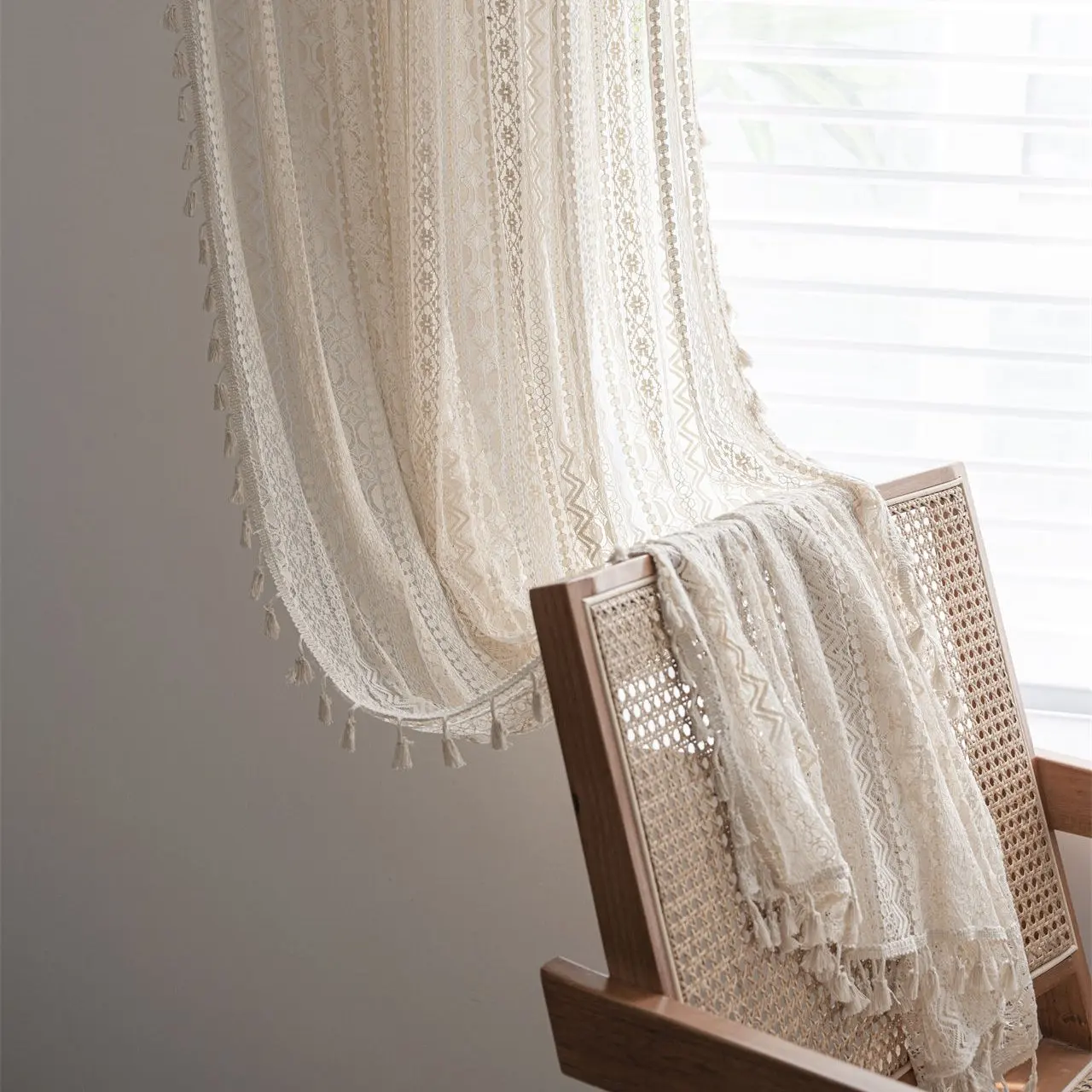 Beige Crochet Translucent Curtain with Wave Pattern - American Style Rural Hollow Design, for Living Room, Bedroom, Home Decor