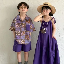 Summer Children Siblings Look Clothes Cotton Argyle Patched Shirt Solid Loose Shorts Babys Boy Suits Pure Color Strap Slip Dress