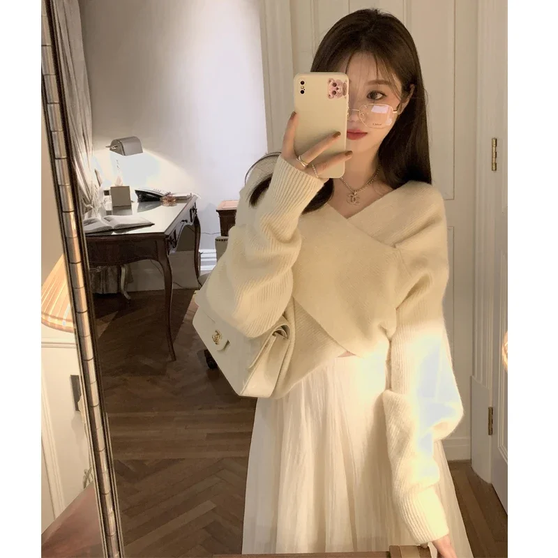 

Y2k Korean Knitted Sweater Jumper Tops Cropped Pullovers for Women Sexy Slash Neck Off Shoulder Sueter Pull Femme Fashion