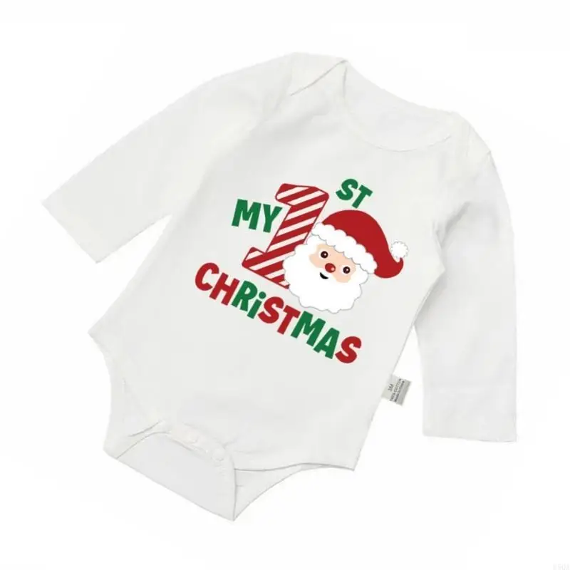 

D5QA Newborn Christmas Outfit Cartoon Print Long Sleeve Romper in White for Christmas