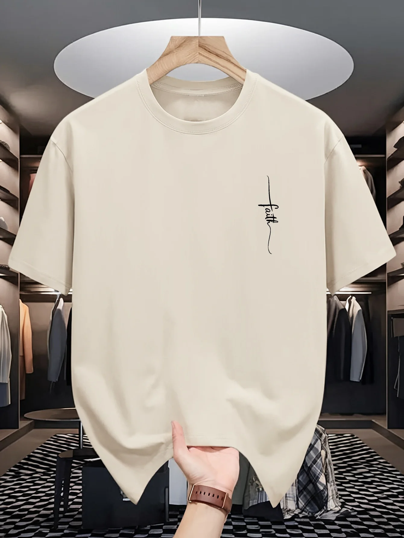 100% pure cotton men's casual loose fashion faith pattern print breathable sports short sleeved round neck T-shirt top