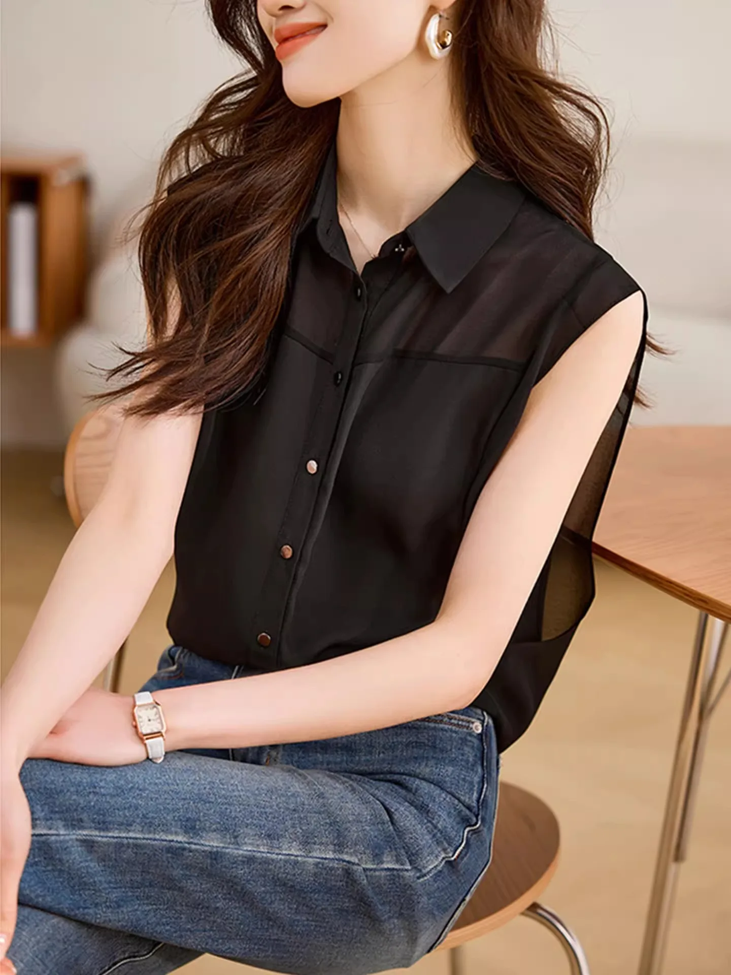 Csa Sem Mangas de Chiffon Respirável com Botão Único em Cor Sólida Design de Verão de Alta Qualidade Moda Fena Top