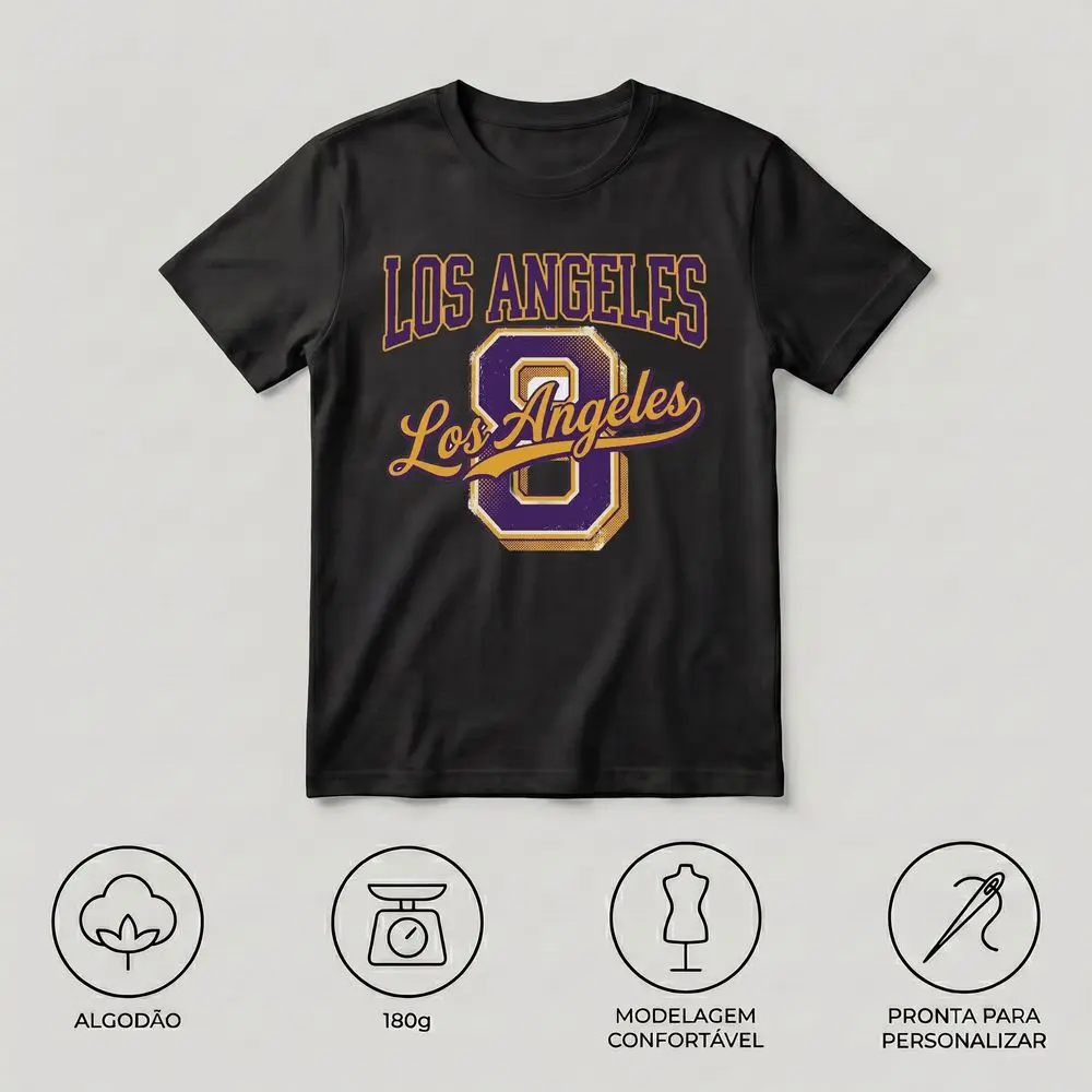Camiseta Los Angeles 8 com Estampa Esportiva - Camisa Masculina de Algodão com Gola Redonda, Tecido Macio e Respirável, Estil