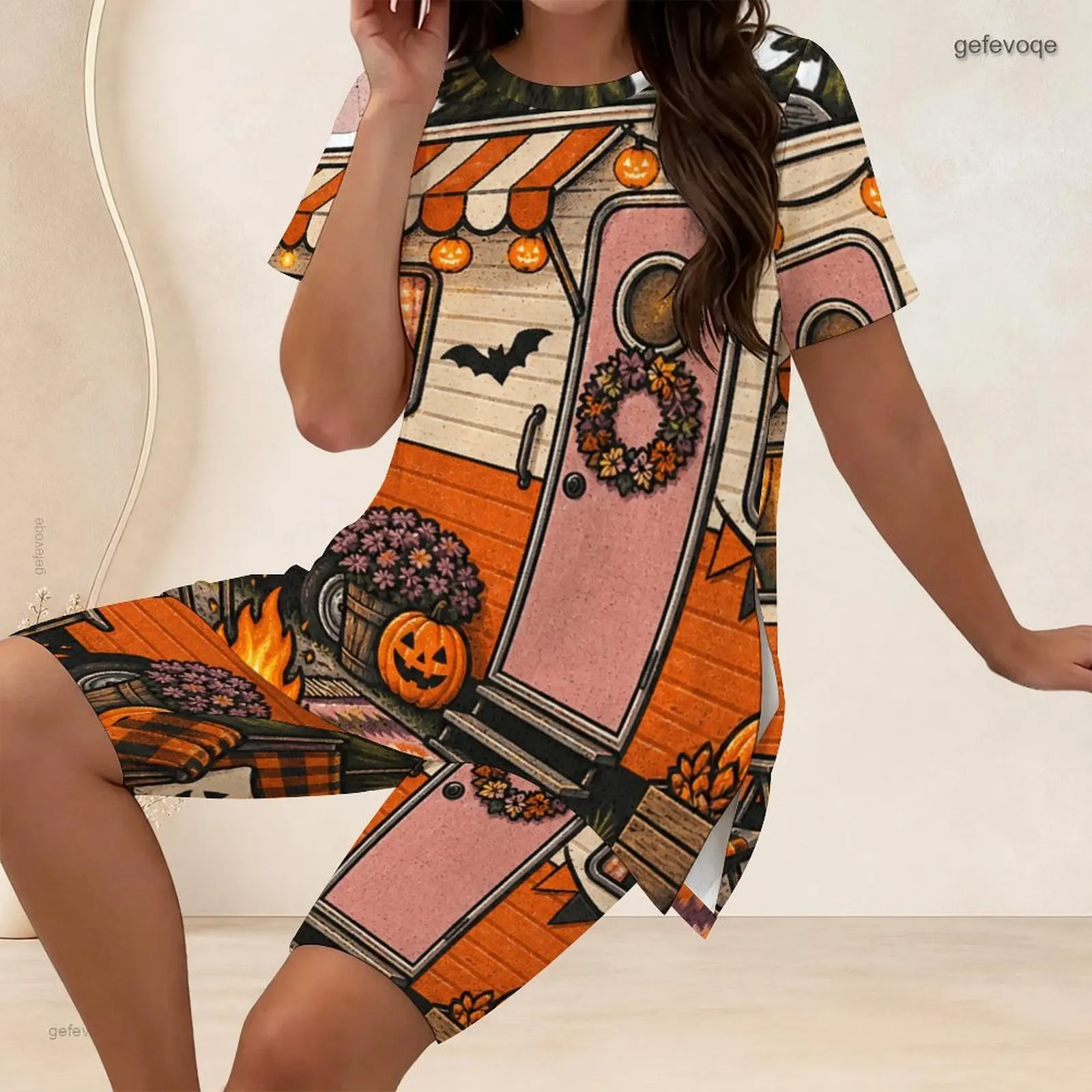 Women 2 Piece Outfit Round Neck Short Sleeve Split Side Long T Shirt With Biker Shorts Set Custom Print Ladies Casual Loungewear