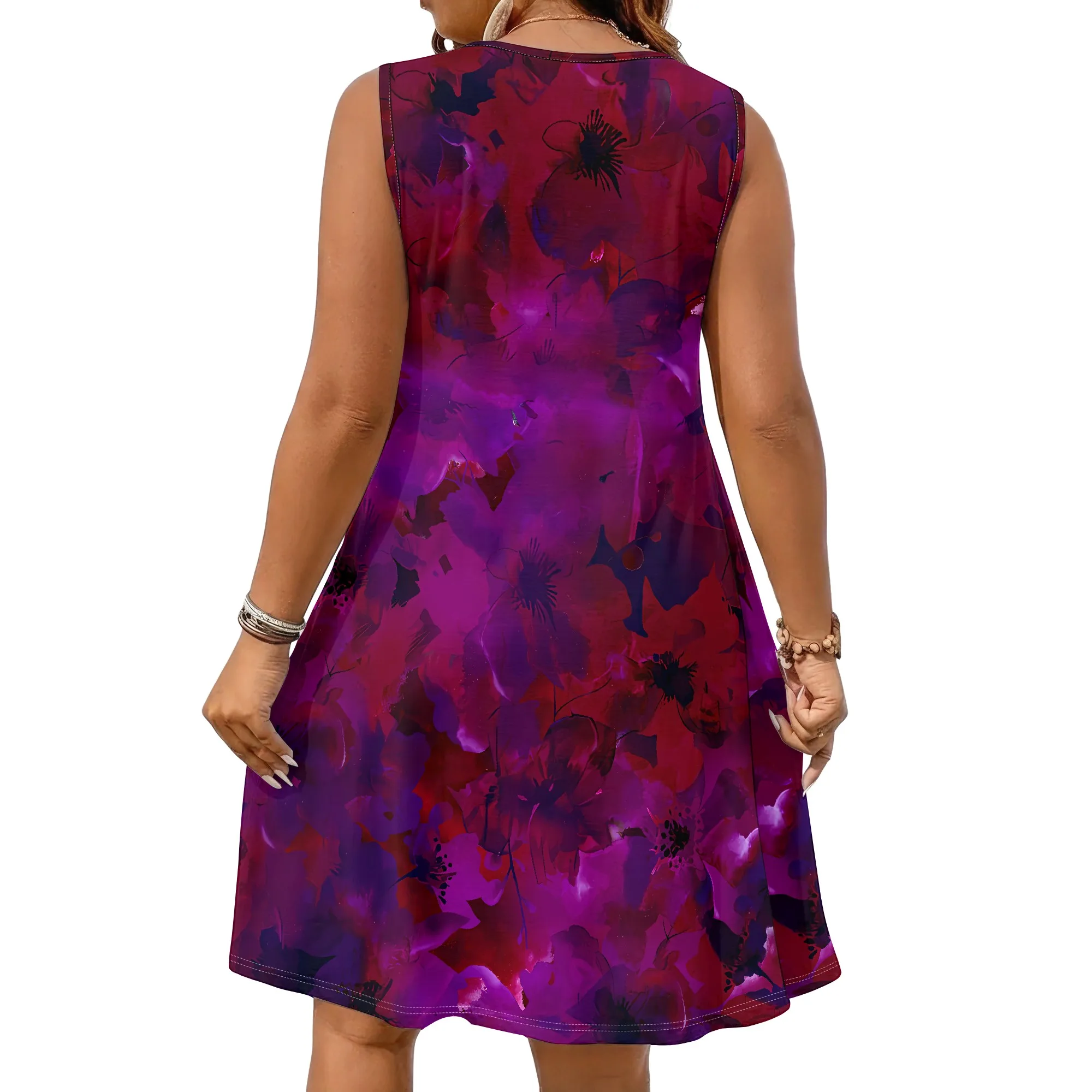 Lebhaftes Lila, Ärmelloses Kleid, Blumenmuster, V-Ausschnitt-Design, A-Linien-Schnitt, Sommerliche Freizeitkleidung, XL-5XL – Detail 2