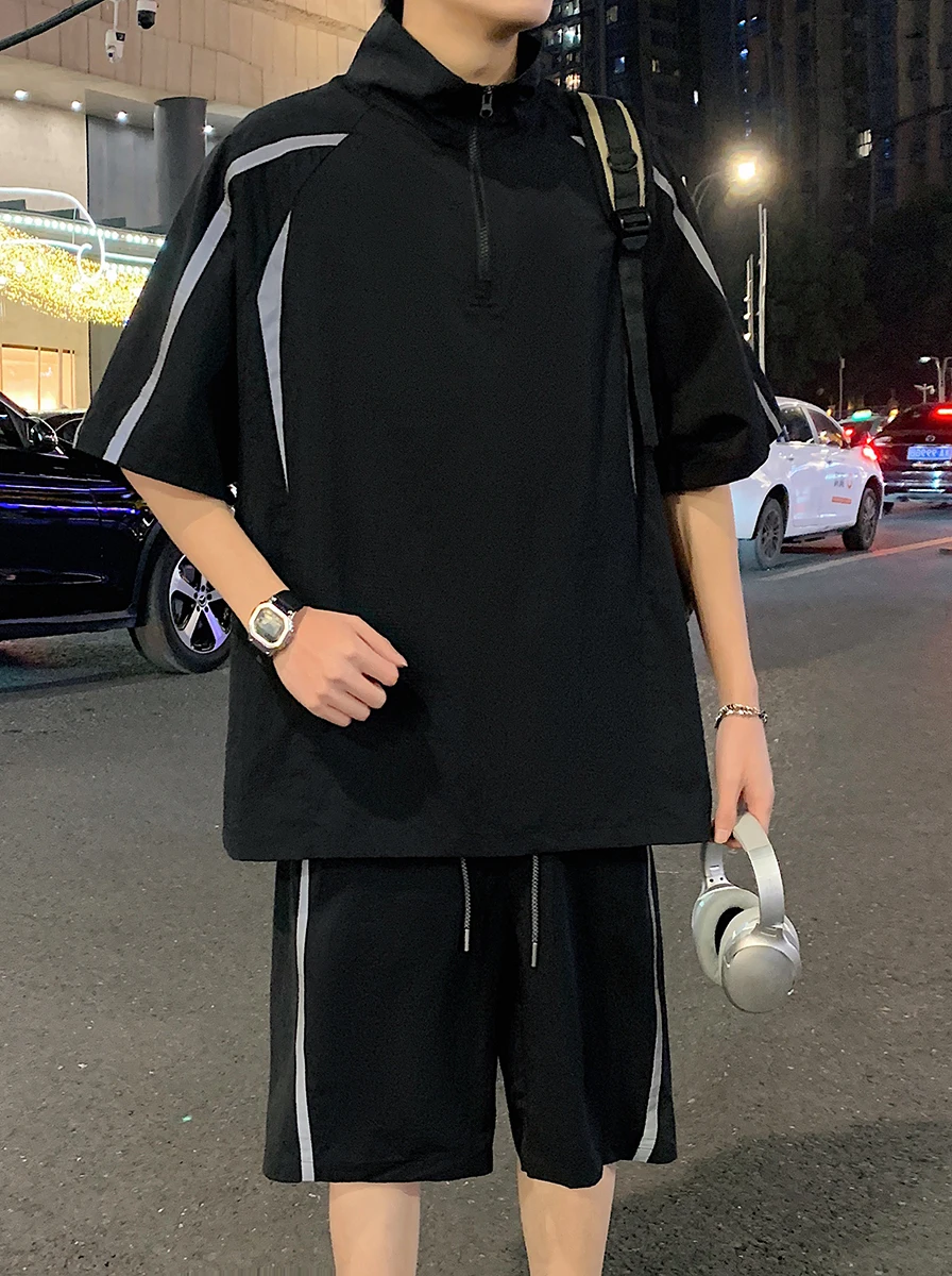 

Летний комплект из шелковой ткани: свободная рубашка с коротким рукавом и шорты для мужчин, модный повседневный спортивный костюм из двух предметов для подростков