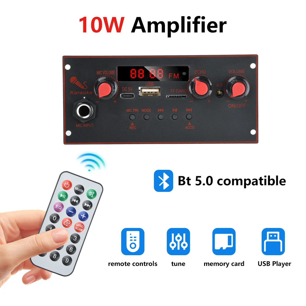 DC 3.7V-5V Singolo Canale BT 5.0 Scheda Amplificatore Audio 10W Scheda di Decodifica MP3 Supporto Registrazione FM con Telecomando