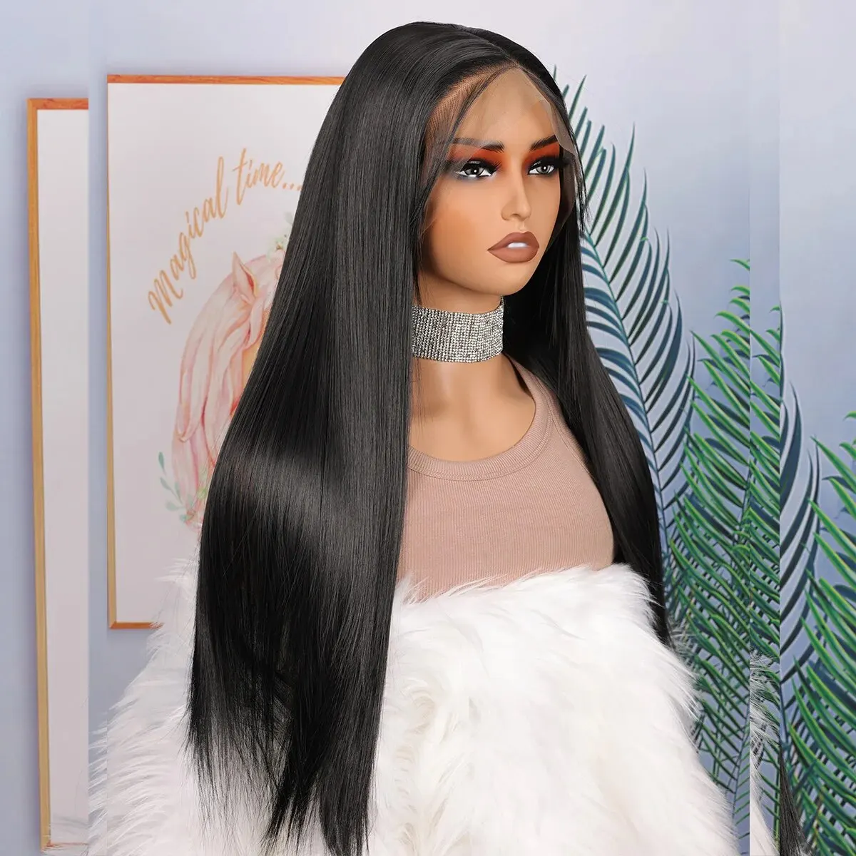 Nuovo prepizzicato nero morbido senza colla 180 densità diritto serico parrucca anteriore in pizzo sintetico capelli del bambino 26 "lungo resistente al calore quotidiano