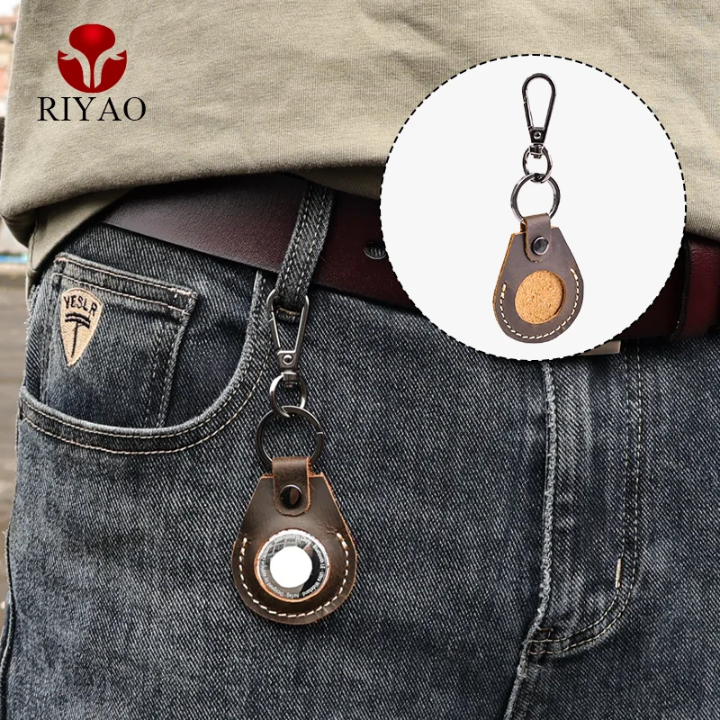 RIYAO Leather Sheath For Apple Airtags Protective Cover Tracker Case GPS Anti-Lost Locator Secure Cover Keychain Key Ring Holder