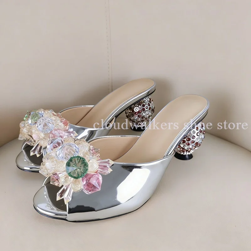 Versatile Shiny Patent Mule Heels Multicolor Crystal Flower Slides Disco Ball Heel Mule Slip On Sandals Perfect for Bridal Night